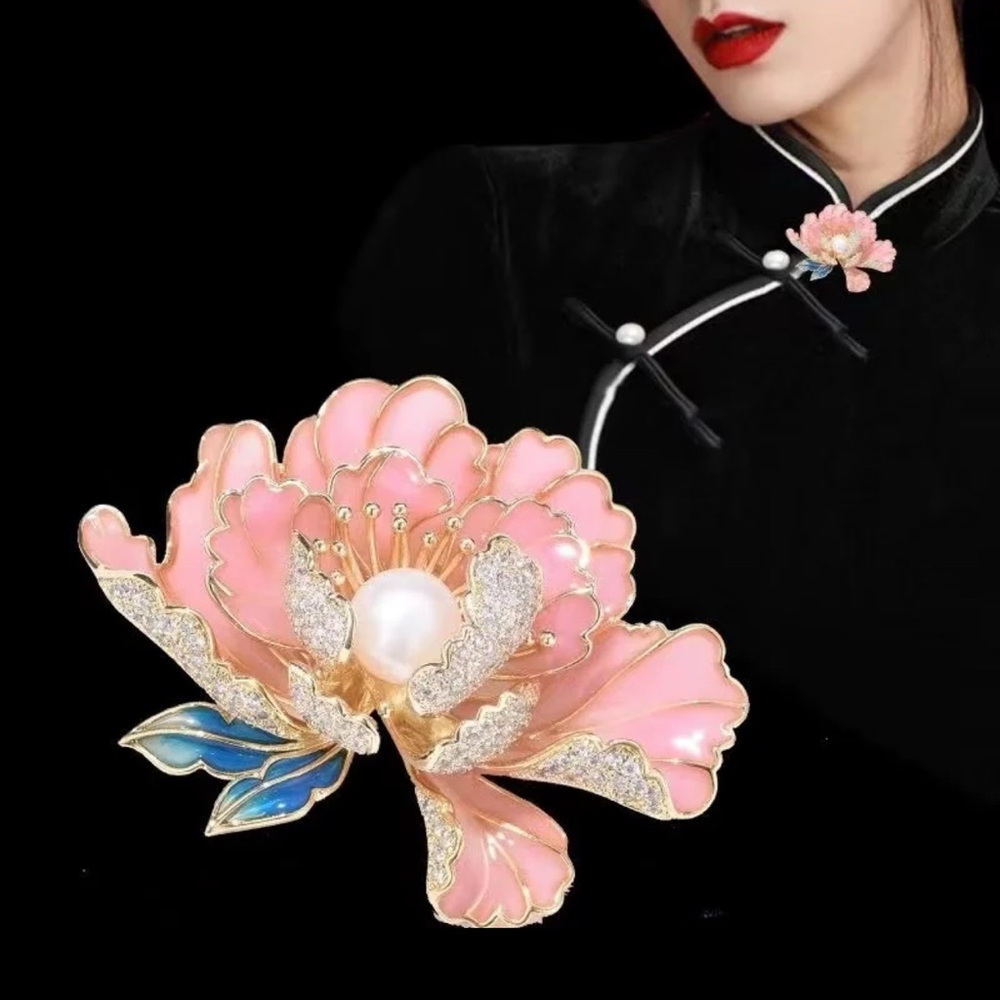 Elegant Pink Floral Brooch with Pearl